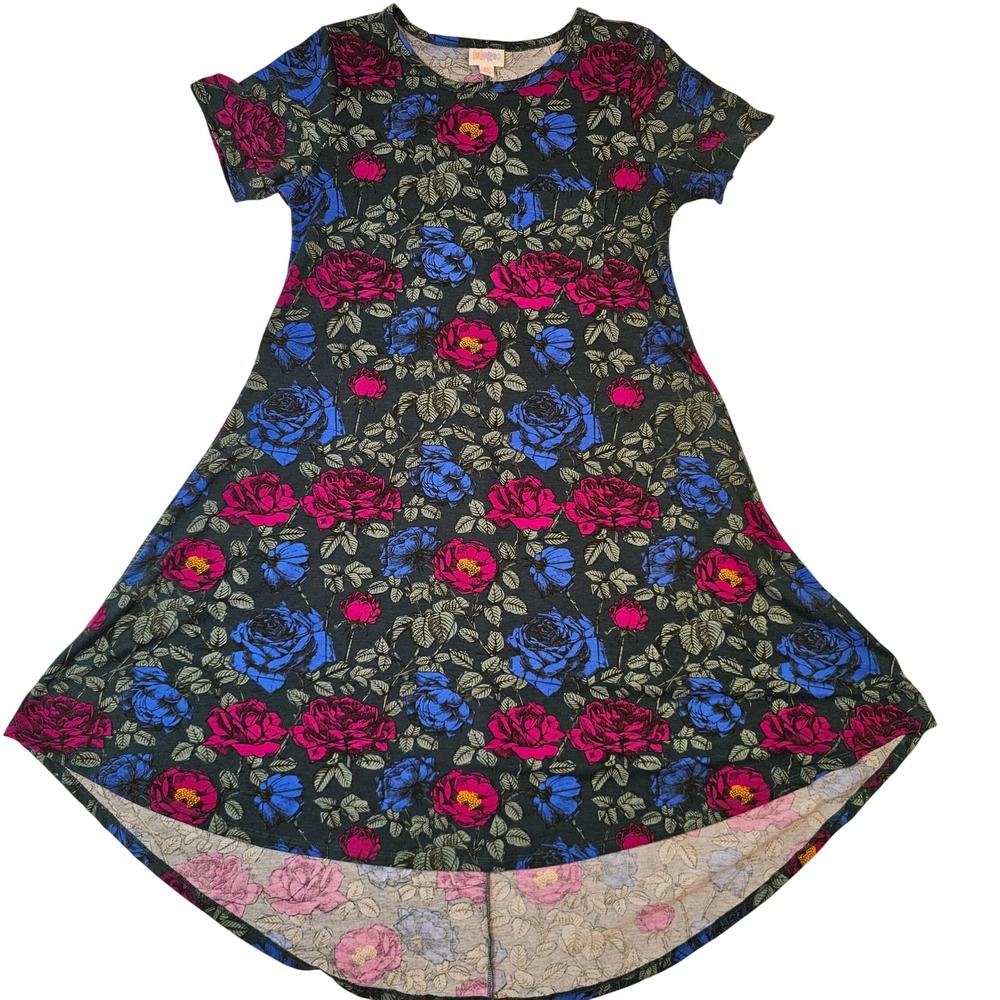 LuLaRoe Carly Dress Womens XS Gray Pink Blue Floral High Low Short Sleeve Pocket